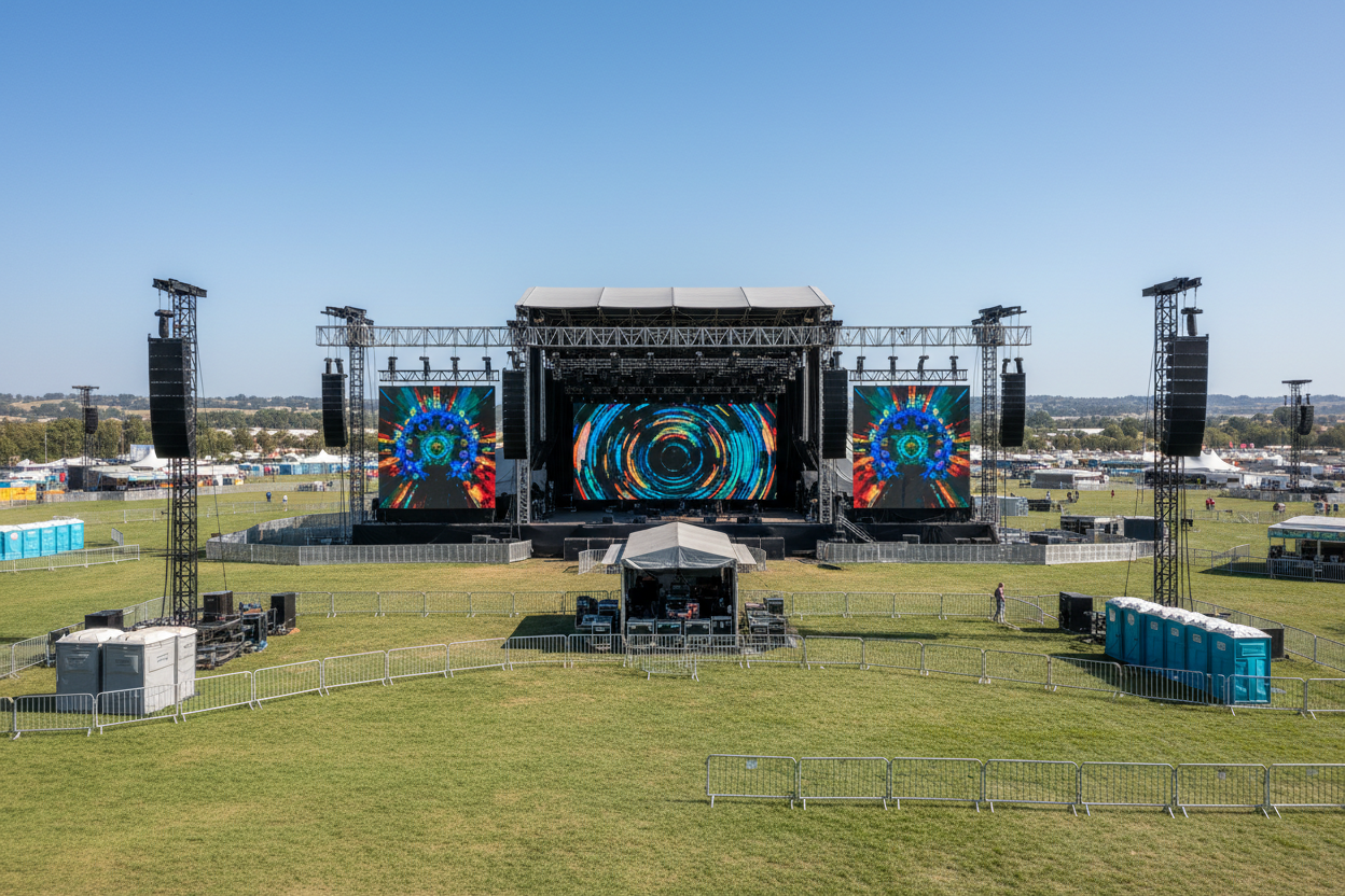 A wide landscape photograph of a massive outdoor LED screen setup on an empty concert stage in a large, deserted open-air festival ground. Daytime. The screen is on, displaying bright abstract colors. Grassy field, empty structures, no people.
